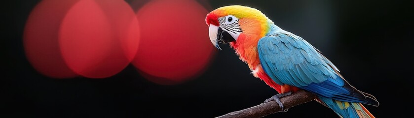 Fototapeta premium A colorful parrot perches on a branch, showcasing vibrant feathers against a blurred background, creating a striking and vivid image.