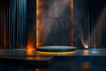 Rich, shadowy podium stage with deep tones and subtle lighting effects, designed to highlight products or cosmetics in a chic, dramatic setting