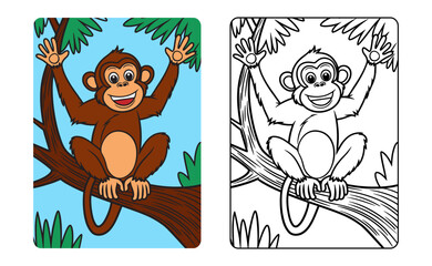 Fototapeta premium Cheerful monkey ape cartoon character on tree line art for kids coloring page book vector illustration