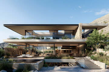 Fototapeta premium Sleek, modern villa exterior with expansive glass walls, blending seamlessly into rugged mountain terrain. Clean lines and natural stone accents under a clear blue sky