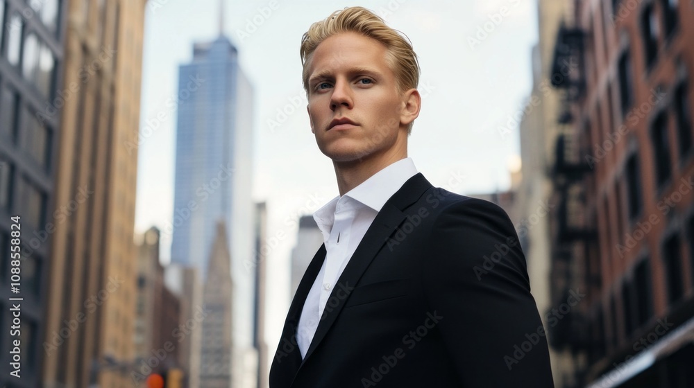 Poster a man in a suit stands in front of a tall building