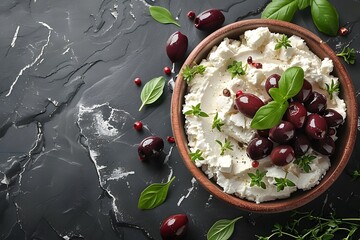 Fresh Greek Feta Cheese with Kalamata Olives and Basil for Mediterranean Cuisine