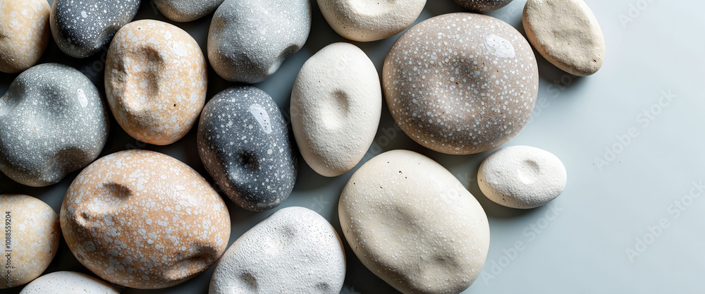 Poster a collection of rocks of various sizes and colors are arranged in a line. the rocks are all differen
