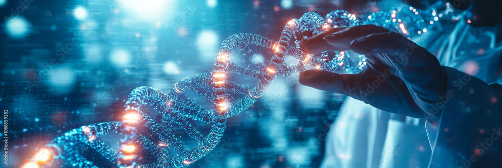 Poster doctor interacting with abstract dna molecule using ai interface in genetic science