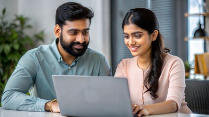 A dynamic Indian couple brainstorming startup ideas with a laptop on a shared desk.
