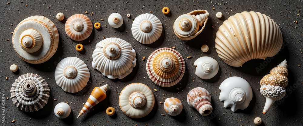 Poster a collection of seashells of various shapes and sizes are spread out on a surface. the shells are ar