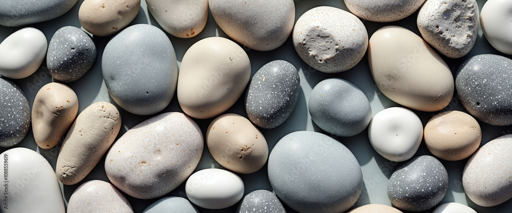 Poster a collection of rocks of various sizes and colors are arranged in a line. the rocks are all differen