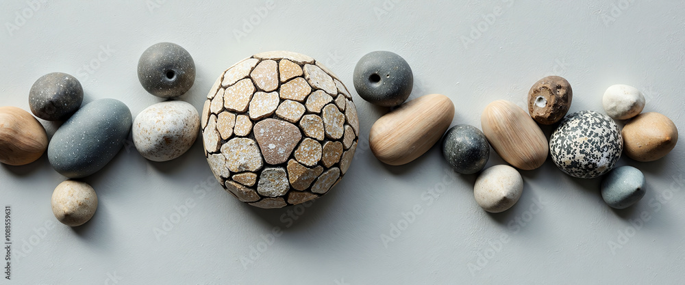Poster a collection of rocks of various sizes and colors are arranged in a line. the rocks are all differen