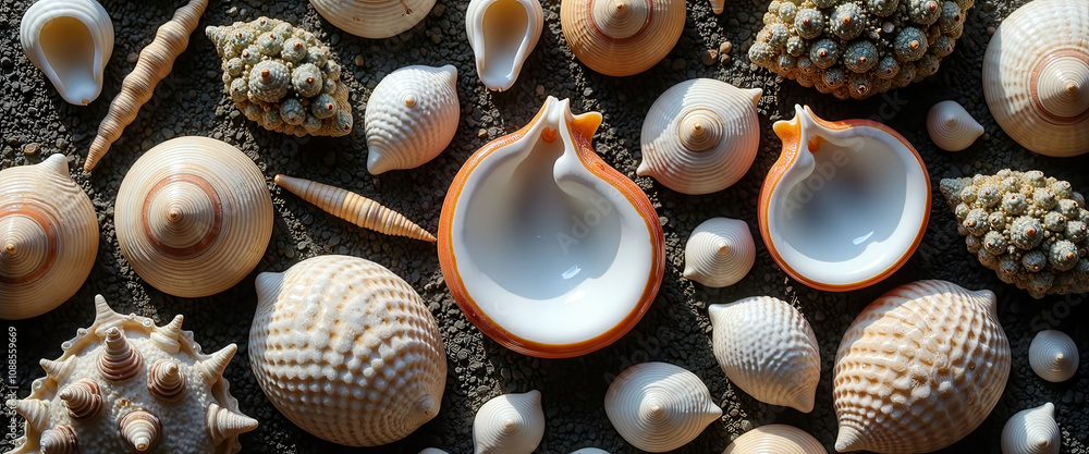 Poster a collection of seashells of various shapes and sizes are spread out on a surface. the shells are ar
