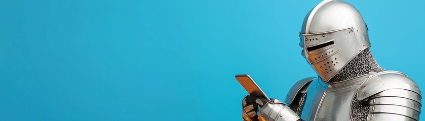 A knight in shining armor uses a smartphone against a vibrant blue background, juxtaposing medieval and modern technology.
