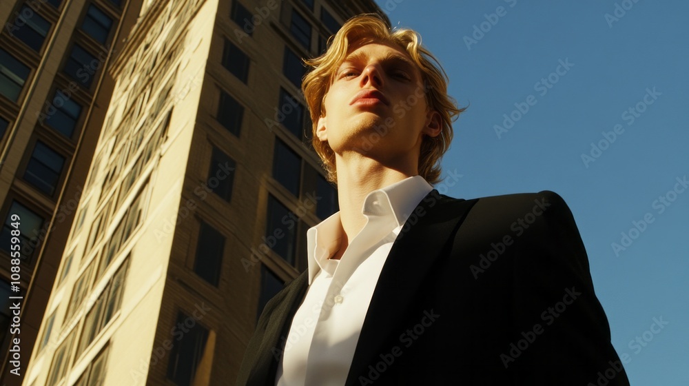 Poster a man in a suit stands in front of a building