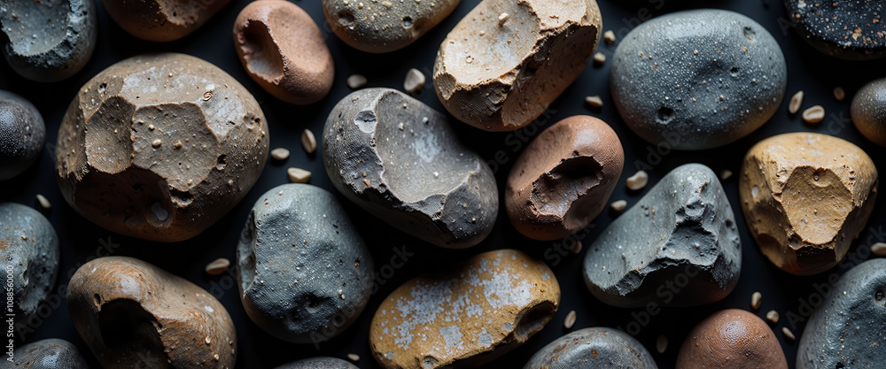 Poster a collection of rocks of various sizes and colors are arranged in a line. the rocks are all differen