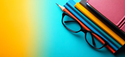 Vibrant School Essentials: Books, Pencil, and Reading Glasses for Education and Leisure