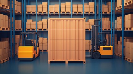Warehouse operations forklifts handling cargo in industrial space efficient logistics environment aerial perspective