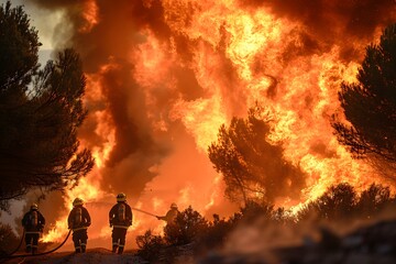 Firefighters Battling Intense Wildfire in Forested Area for Safety and Protection