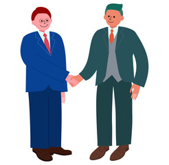 スーツを着た男性二人が交渉成立して握手をする全身のイラスト