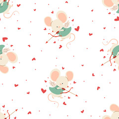 Seamless vector pattern for valentine's day. Cute little mouse cupid with wings, hearts. Vector illustration