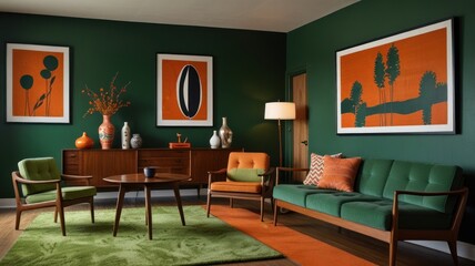 Mid-century modern living room with green walls, orange accents, and wooden furniture.