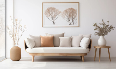 Beige Sofa in Minimalist Living Room with Dried Flowers and Artwork