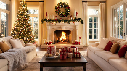 Fototapeta premium A minimalist living room with a touch of festivity, featuring simple yet elegant holiday decor and a warm glowing fireplace 