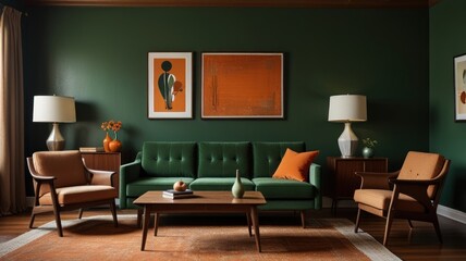Here's a description and keywords for your image.. Mid-century modern living room with emerald green sofa, orange accents, and wooden furniture.