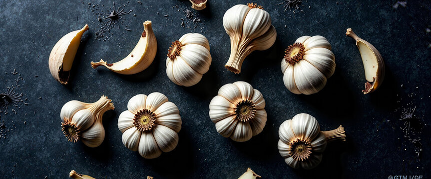 A close up of garlic cloves and a piece of garlic on a black background. The garlic is sliced and scattered around the background