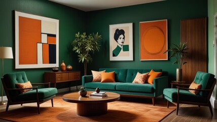 Here's a possible  and keyword list for your stock photo.. Mid-century modern living room with emerald green walls, orange accents, and vintage furniture.