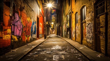 Fototapeta premium Tense night scene in a dimly lit alleyway with graffiti-covered walls and broken glass, evoking a sense of danger and mystery. 