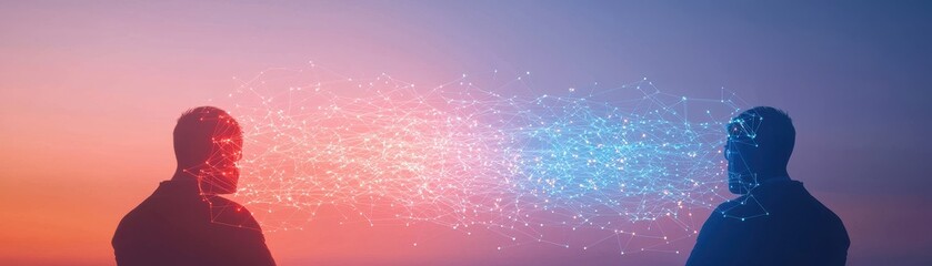 Two figures engaging in a vibrant exchange, representing thoughts and emotions in a colorful backdrop.