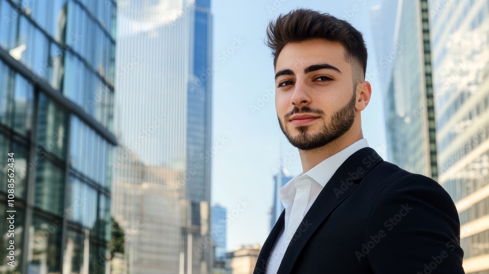 Poster A man in a suit and tie stands in front of a building