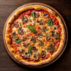 italia mushroom pizza top view flat lay on a wooden table