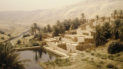 Ancient Mesopotamian Landscape: Farmers, Palm Trees, and Irrigation Canals in Ultra-Detailed Shot of Early Civilization's Agricultural Innovations