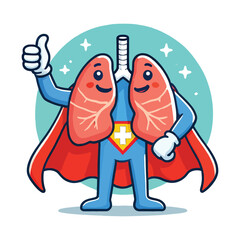 A superhero mascot of a pair of healthy lungs giving a thumbs up