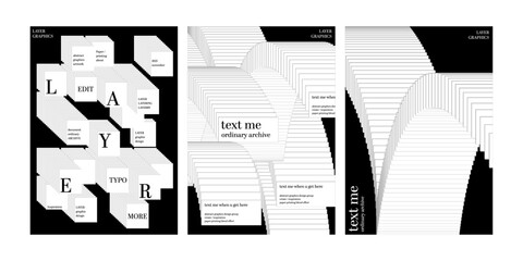 paper layer blend effect error window graphic design poster template set pile up layout a4 black white monochrome abstract square pattern concept trendy modern minimal style front cover flyer printing