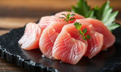 Fresh tuna sashimi served on black plate, garnished with herbs, showcasing its delicate texture and vibrant color. Perfect for sushi lovers!