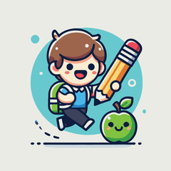 cartoon of a child wearing a backpack, holding a pencil and an apple running happily