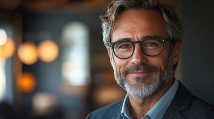 Fototapeta premium Close-up headshot portrait of happy middle-aged older professional business man, smiling bearded mature executive CEO manager, older male entrepreneur, rich confident business owner in office
