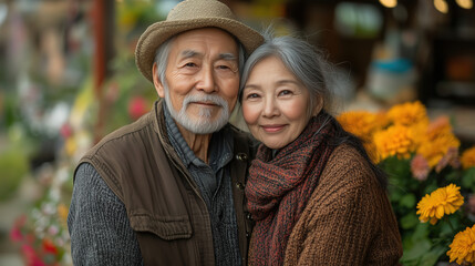 Elderly couple enjoying a moment together in a flower market surrounded by vibrant blooms in the warm light of summer. Generative AI