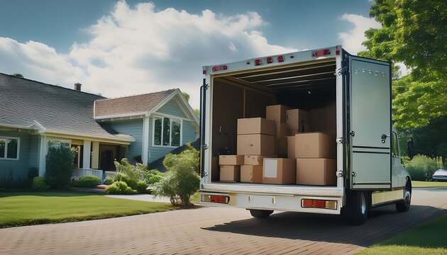 Moving Truck Filled With Boxes Parked Outside a Suburban House