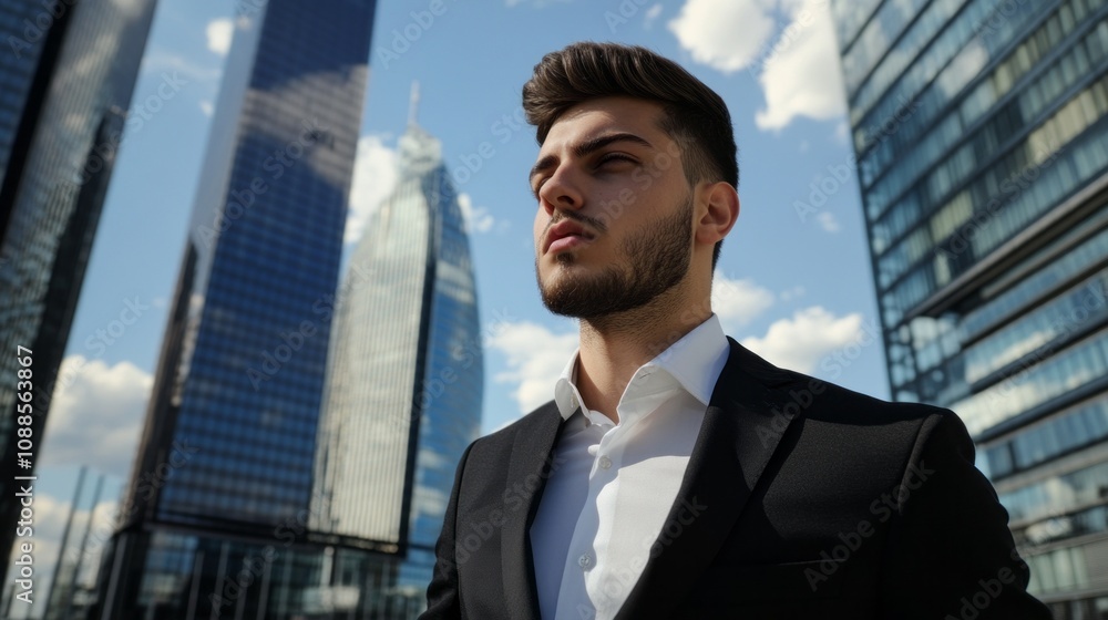 Poster a man in a suit stands in front of a tall building