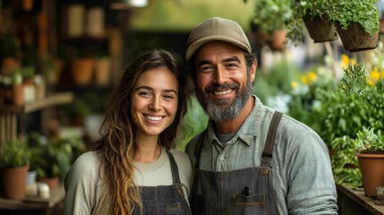 Fototapeta premium Family business of gardeners. A man and a woman in professional clothes are standing in their own plant shop and smiling