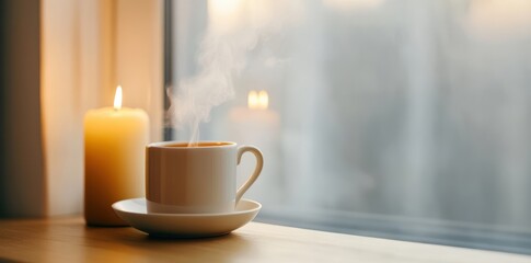 Cozy nights with tea by a foggy window, candlelight creating a romantic atmosphere.