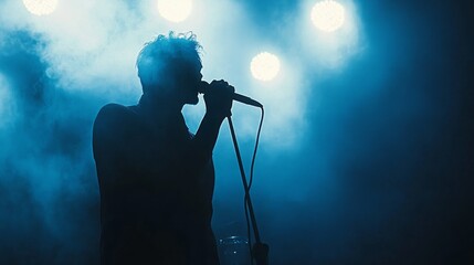 A man singing into a microphone in front of a blue light