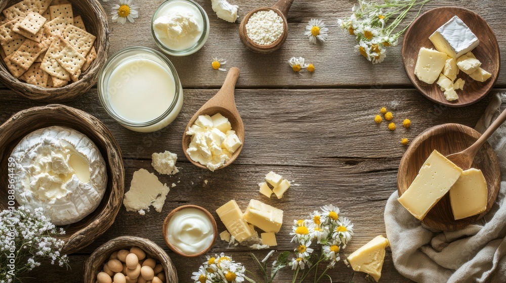 Aufkleber a rustic wooden table showcases an array of dairy products such as milk, cheese, and butter, complem