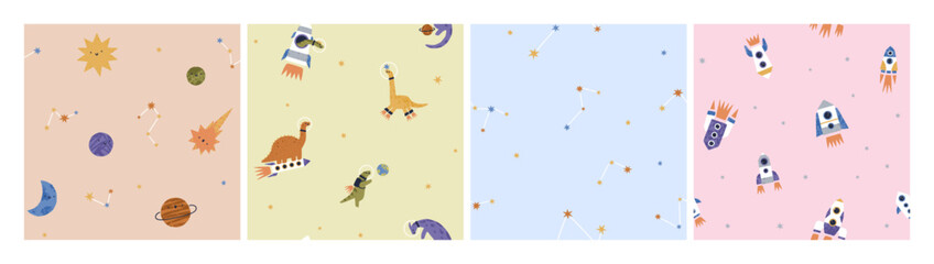 Estores personalizados con tu foto Scandinavian patterns set, seamless designs with cute dinosaurs, stars and planets. Space and cosmos background in kids kawaii Scandi style. Childs pint, flat vector illustration for fabric, textile