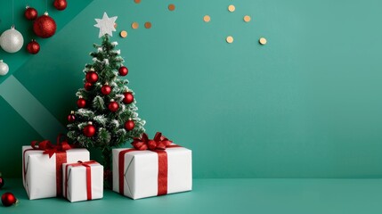 Naklejka premium Festive scene with Christmas tree and wrapped gifts.