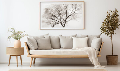 Beige Sofa Wooden Frame Minimalist Living Room Interior