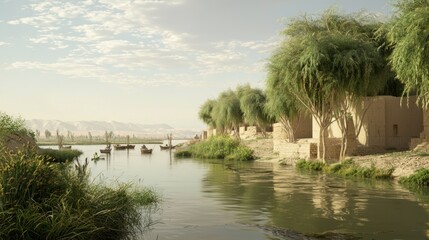 Fototapeta premium Mesopotamian Serenity: Ancient Civilization Along the Euphrates River | Illustrated Connection Between Nature and Early Society