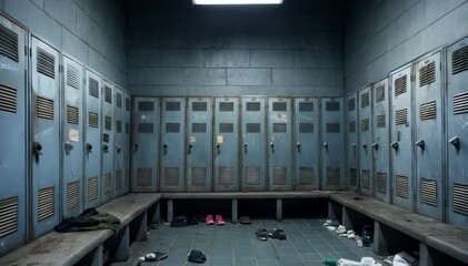 A desolate and abandoned locker room, filled with scattered belongings and a sense of neglect. The atmosphere is dark and gloomy.