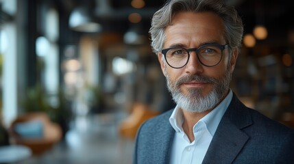 Obraz premium Portrait of confident mature business man executive standing in corporate office using digital tablet. Middle-aged professional businessman manager wearing suit posing at work in modern space